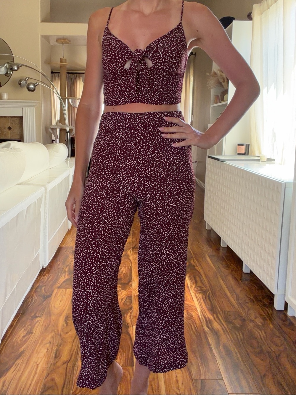 Blue Life Burgundy Dot Matching Set Tie Front Crop Top Wide Leg Pants 2 Piece S